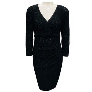 TALBOT RUNHOF BLACK GLITTER LONG SLEEVED V-NECK COCKTAIL DRESS